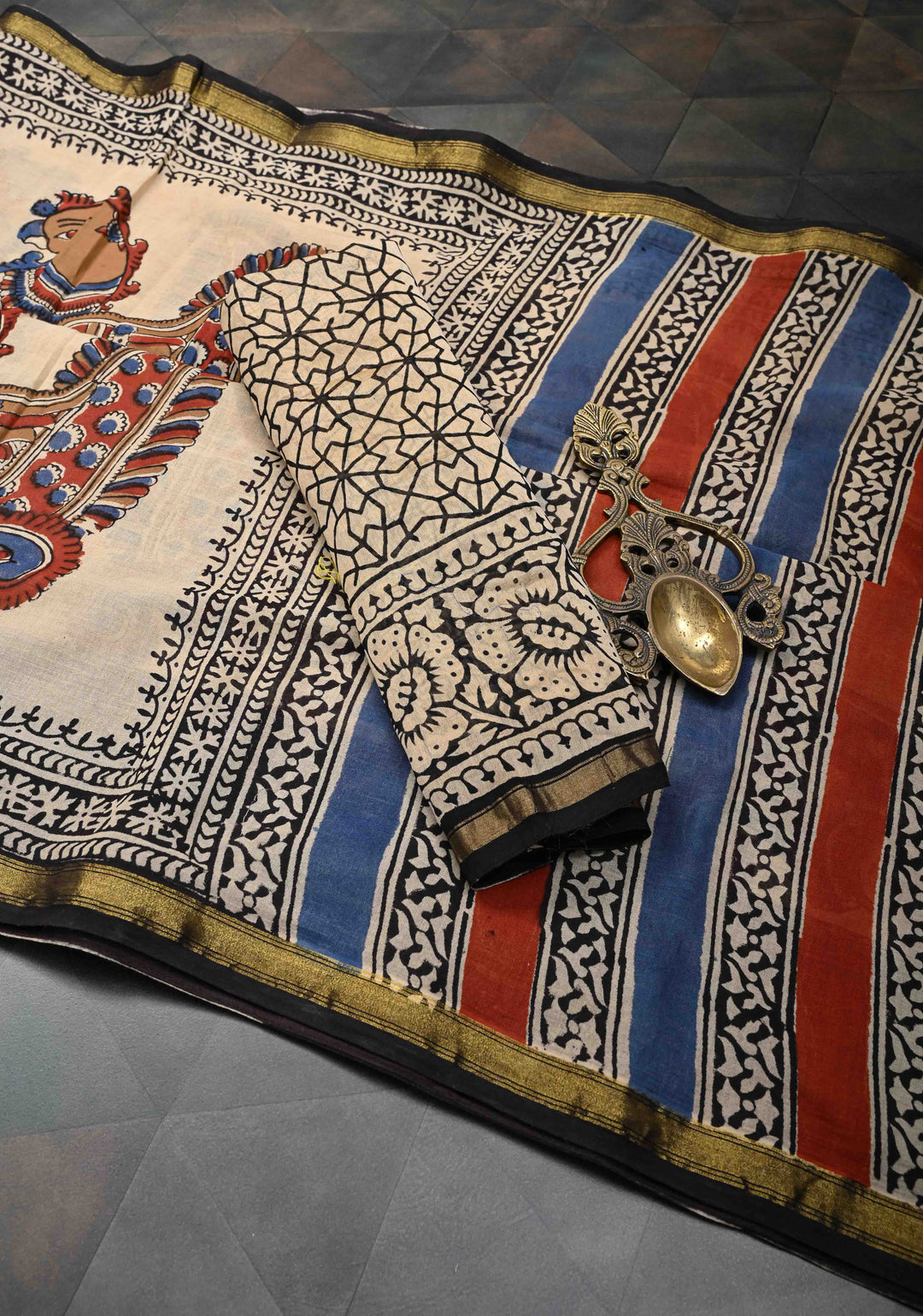 Beige Chanderi Cotton Silk Saree with Annapakshi Hand block Print and Minimal Zari Border