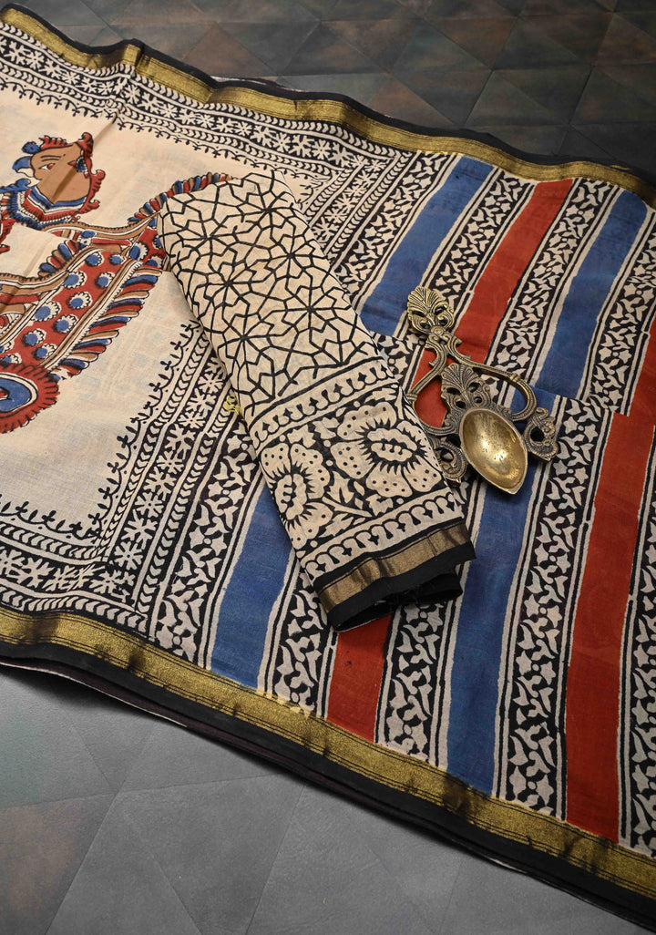 Beige Chanderi Cotton Silk Saree with Annapakshi Hand block Print and Minimal Zari Border