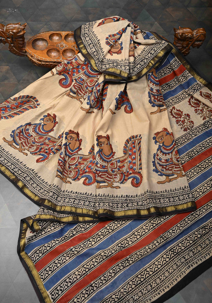 Beige Chanderi Cotton Silk Saree with Annapakshi Hand block Print and Minimal Zari Border