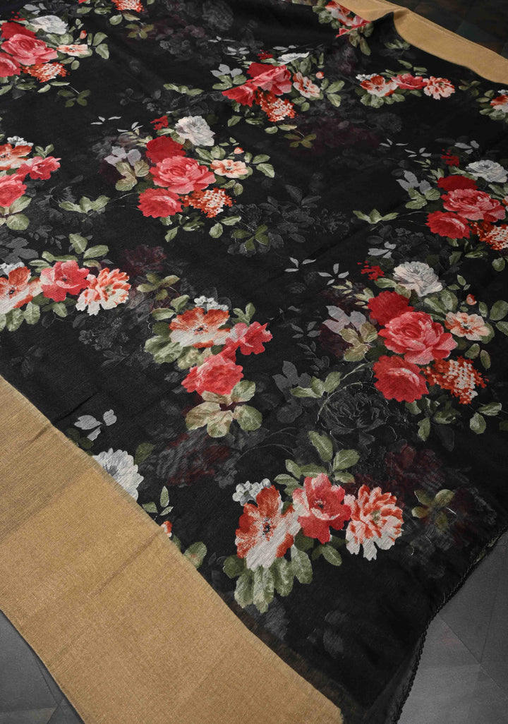 Black Digital prints on soft mercerized cotton with Zari Borders