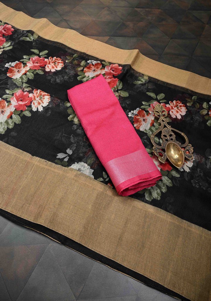 Black Digital prints on soft mercerized cotton with Zari Borders