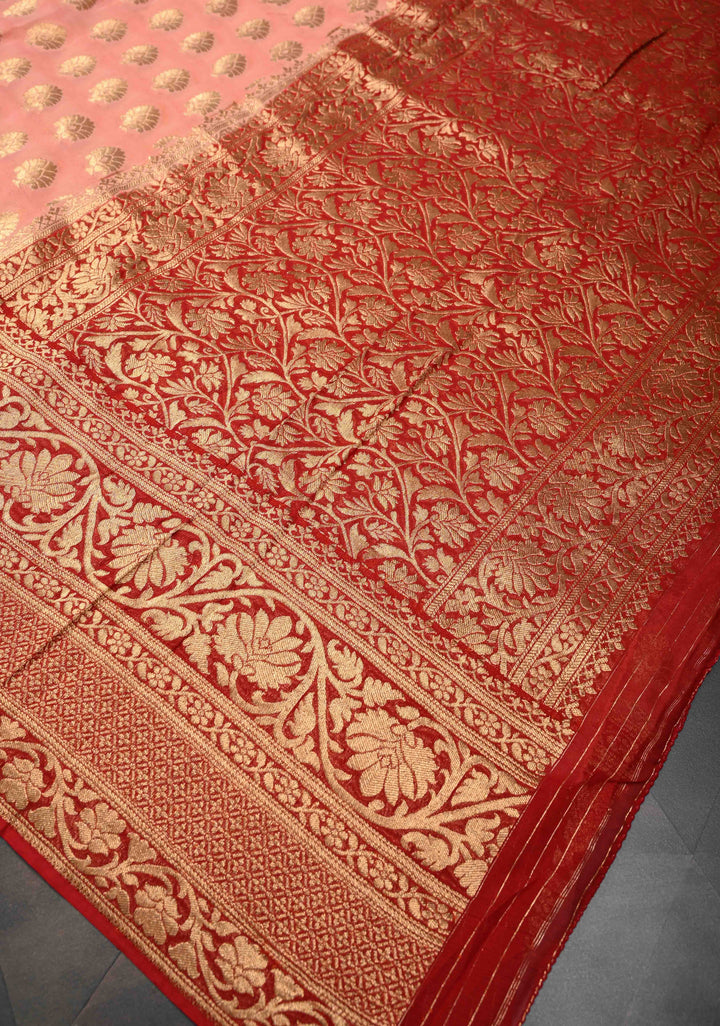 Authentic Banarasi Silk Georgette Saree in Pink with Floral Butta and Contrast Red Zari Border | SILK MARK CERTIFIED