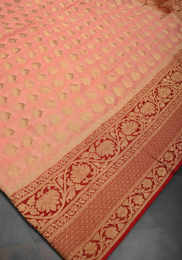 Authentic Banarasi Silk Georgette Saree in Pink with Floral Butta and Contrast Red Zari Border | SILK MARK CERTIFIED