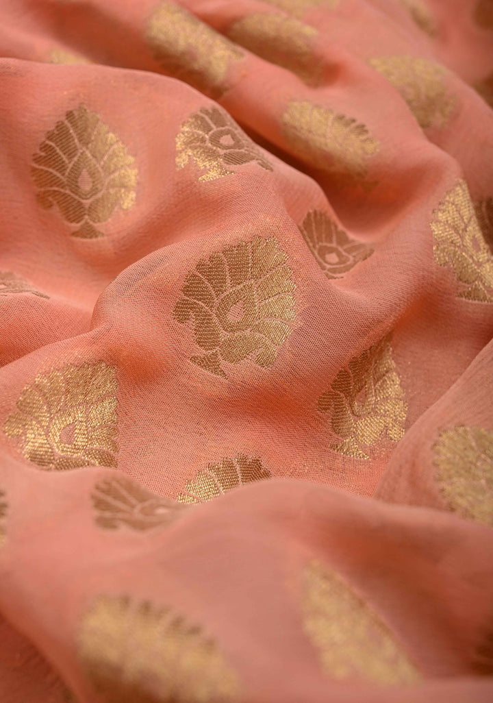 Authentic Banarasi Silk Georgette Saree in Pink with Floral Butta and Contrast Red Zari Border | SILK MARK CERTIFIED