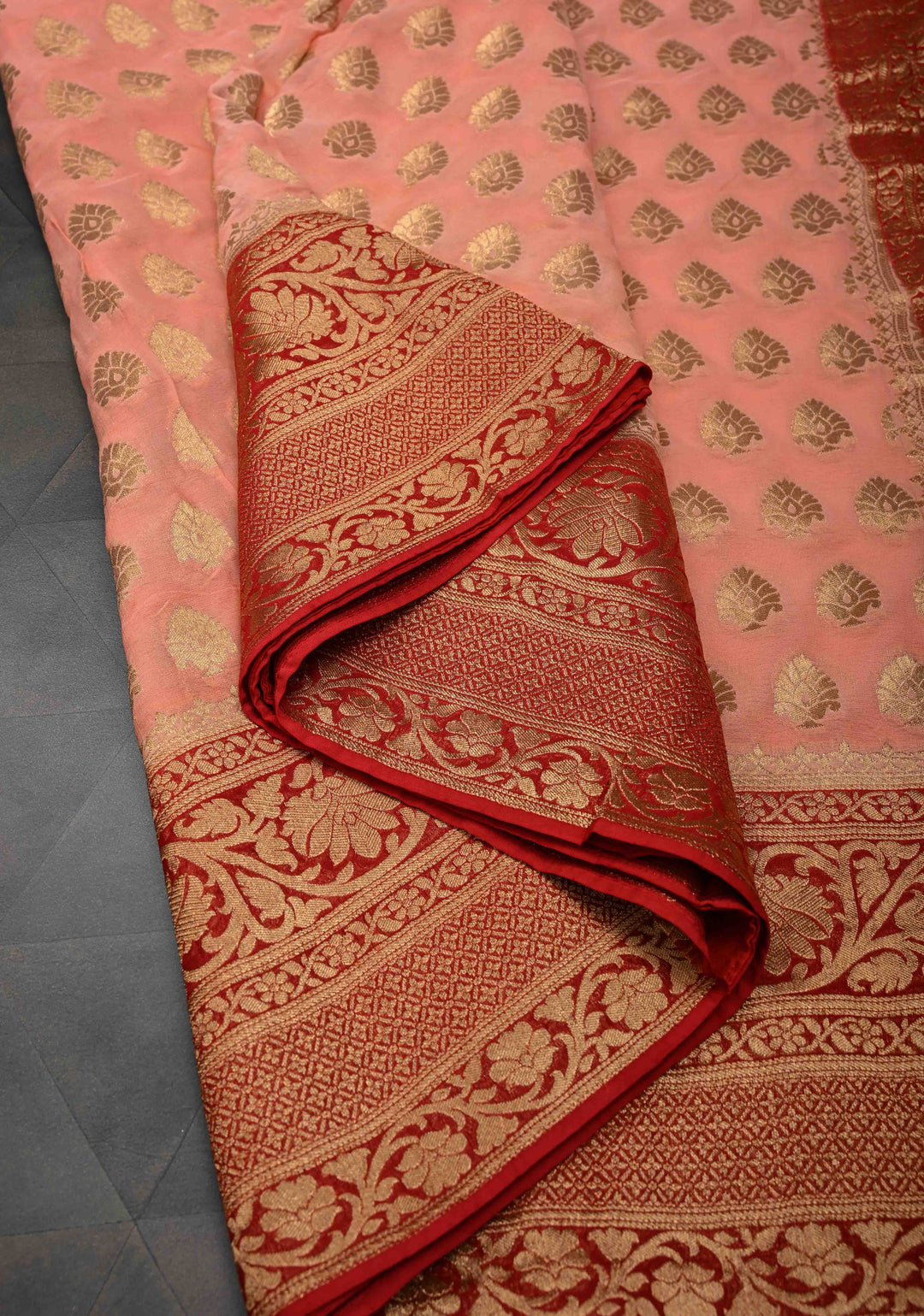 Authentic Banarasi Silk Georgette Saree in Pink with Floral Butta and Contrast Red Zari Border | SILK MARK CERTIFIED
