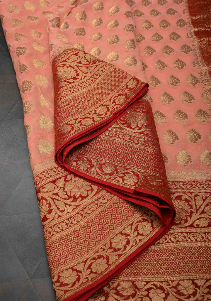 Authentic Banarasi Silk Georgette Saree in Pink with Floral Butta and Contrast Red Zari Border | SILK MARK CERTIFIED