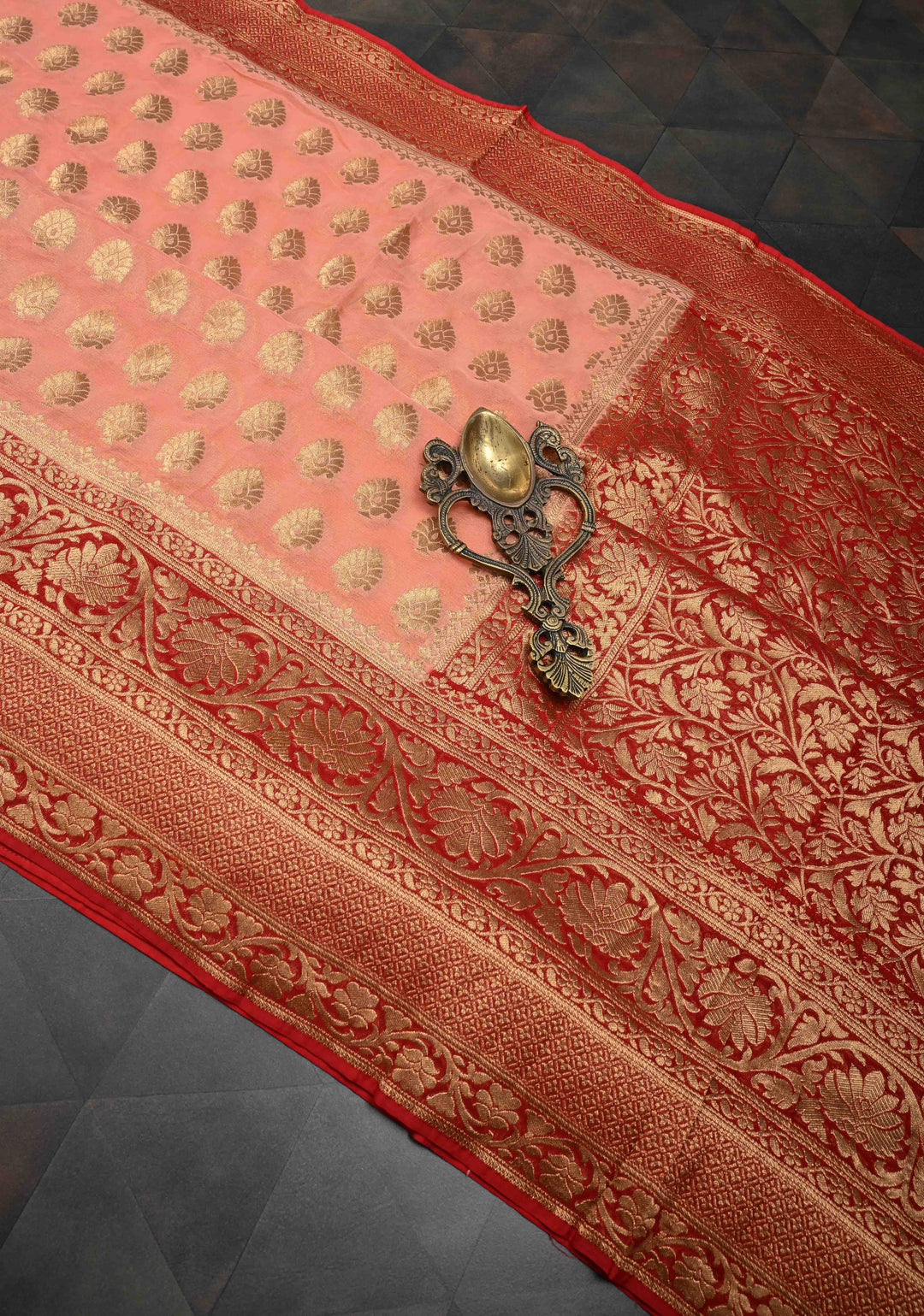 Authentic Banarasi Silk Georgette Saree in Pink with Floral Butta and Contrast Red Zari Border | SILK MARK CERTIFIED