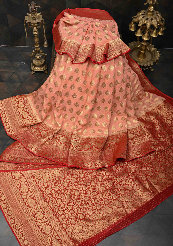 Authentic Banarasi Silk Georgette Saree in Pink with Floral Butta and Contrast Red Zari Border | SILK MARK CERTIFIED