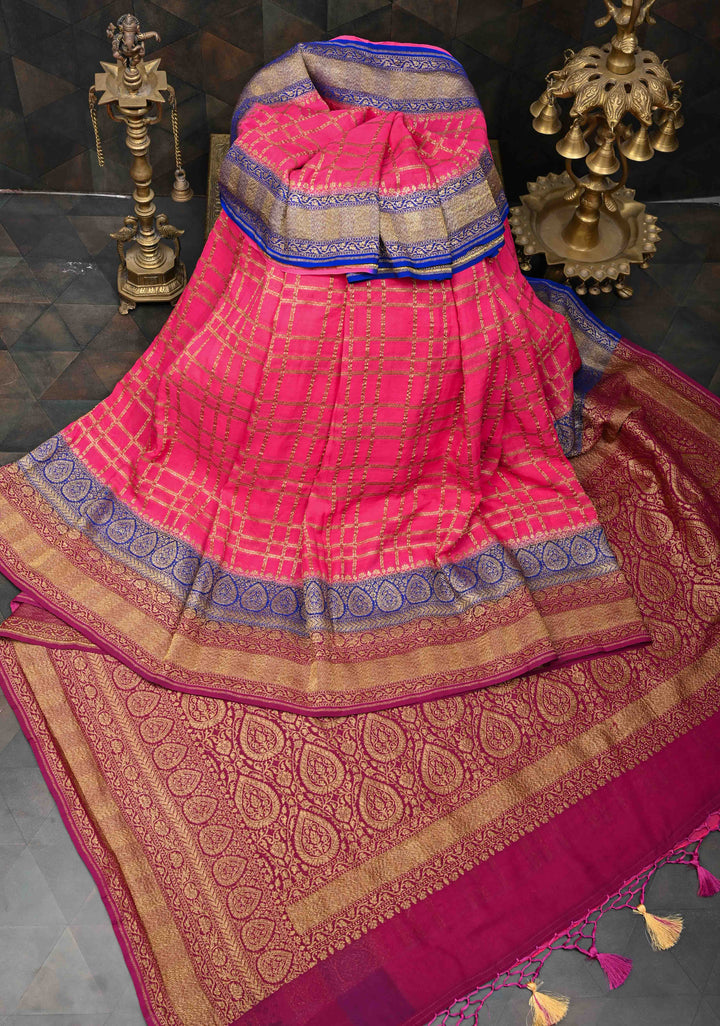 Pink Banarasi Georgette with Zari Checks on body and Contrast Dual shade Zari Border | SILK MARK CERTIFIED