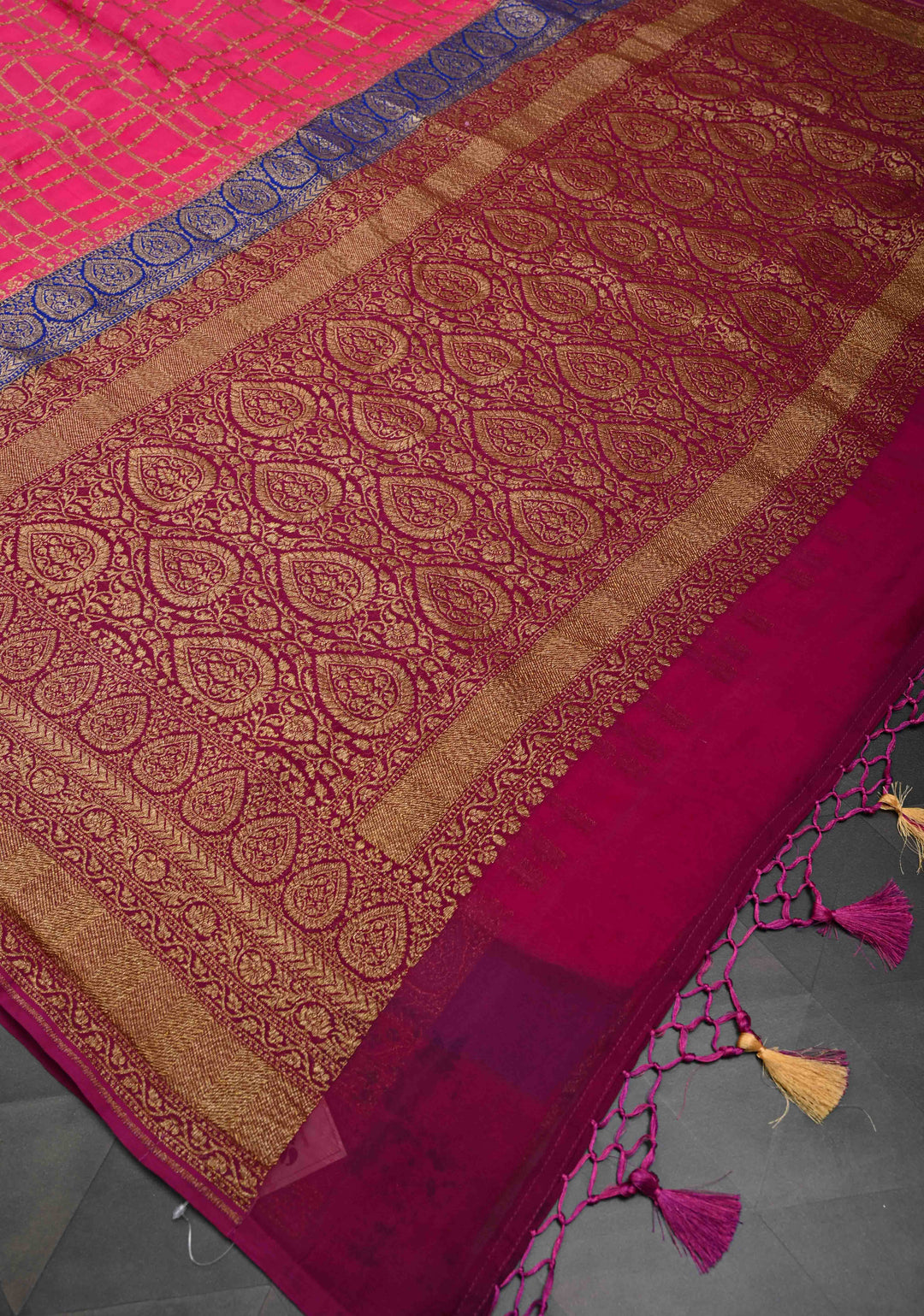 Pink Banarasi Georgette with Zari Checks on body and Contrast Dual shade Zari Border | SILK MARK CERTIFIED