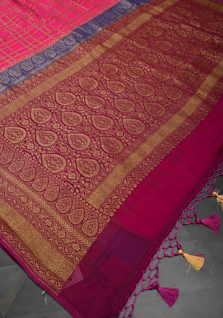Pink Banarasi Georgette with Zari Checks on body and Contrast Dual shade Zari Border | SILK MARK CERTIFIED