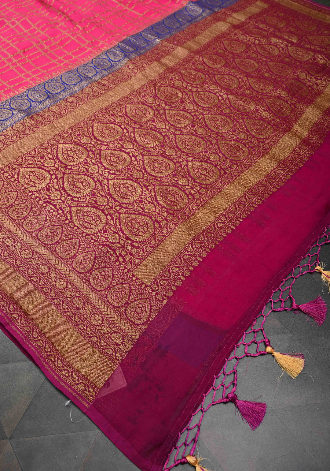 Pink Banarasi Georgette with Zari Checks on body and Contrast Dual shade Zari Border | SILK MARK CERTIFIED