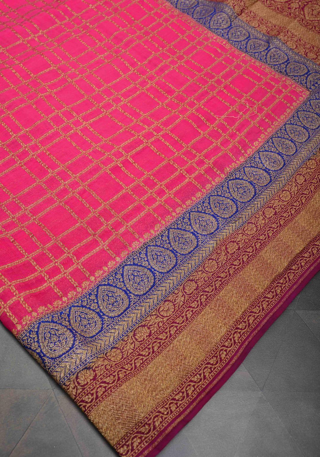Pink Banarasi Georgette with Zari Checks on body and Contrast Dual shade Zari Border | SILK MARK CERTIFIED