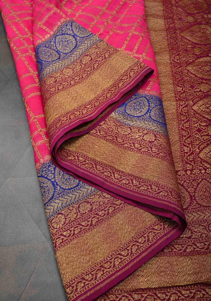 Pink Banarasi Georgette with Zari Checks on body and Contrast Dual shade Zari Border | SILK MARK CERTIFIED