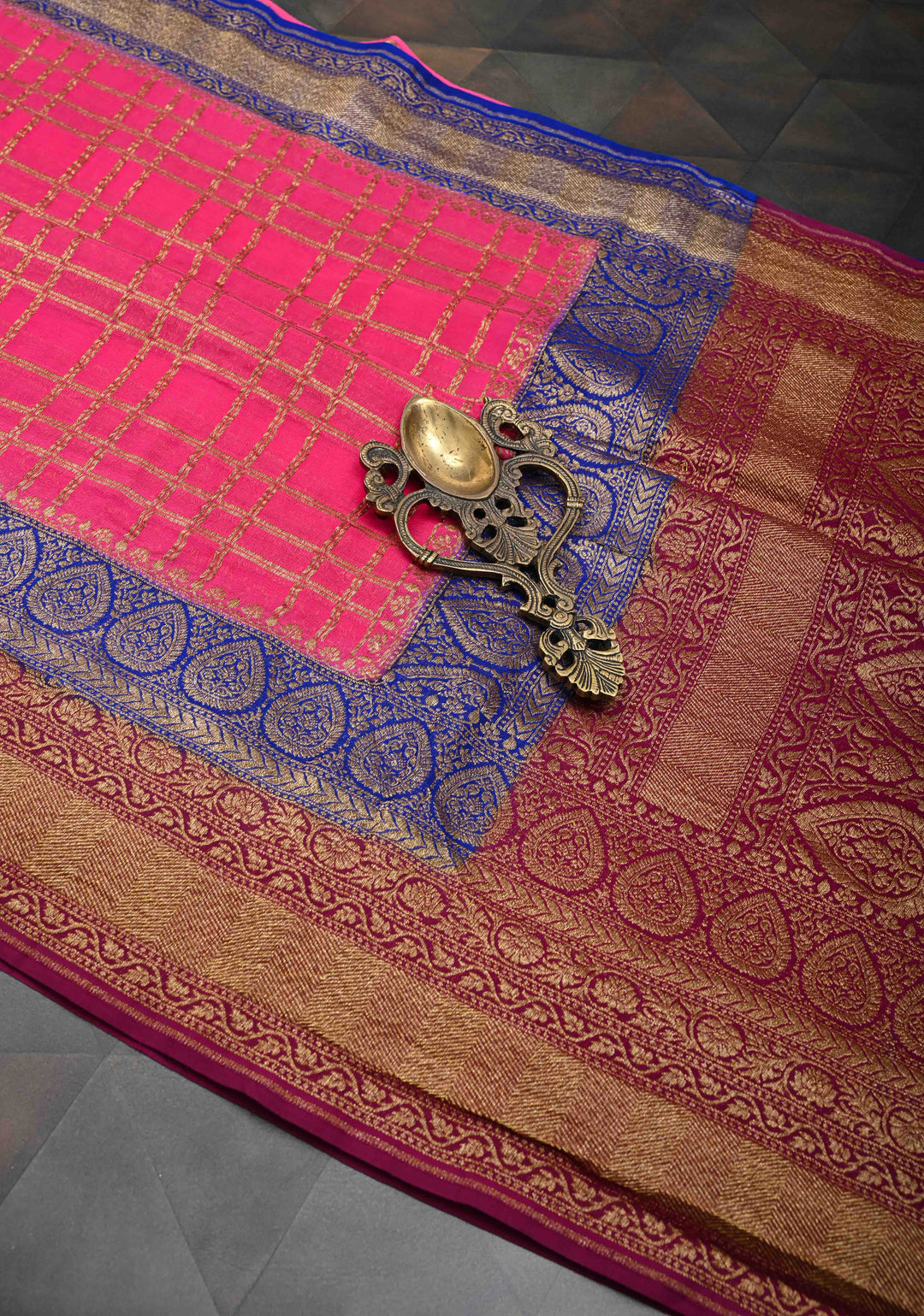 Pink Banarasi Georgette with Zari Checks on body and Contrast Dual shade Zari Border | SILK MARK CERTIFIED