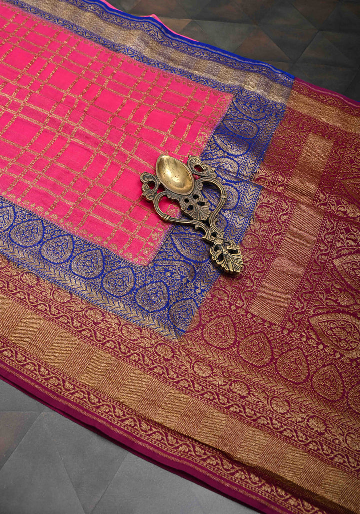 Pink Banarasi Georgette with Zari Checks on body and Contrast Dual shade Zari Border | SILK MARK CERTIFIED