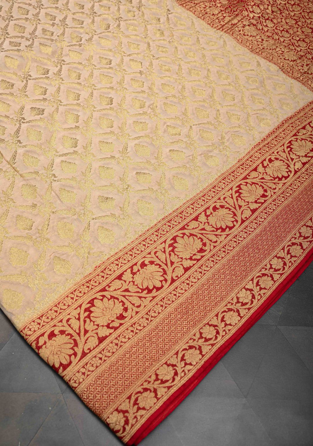 Beige Georgette Silk Banarasi Floral Jaal Saree with Contrast Red Zari Border