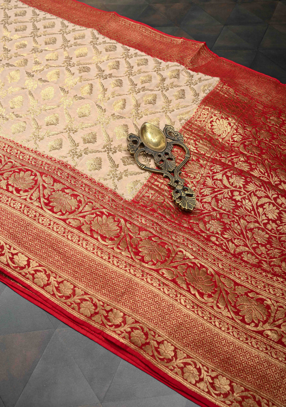 Beige Georgette Silk Banarasi Floral Jaal Saree with Contrast Red Zari Border