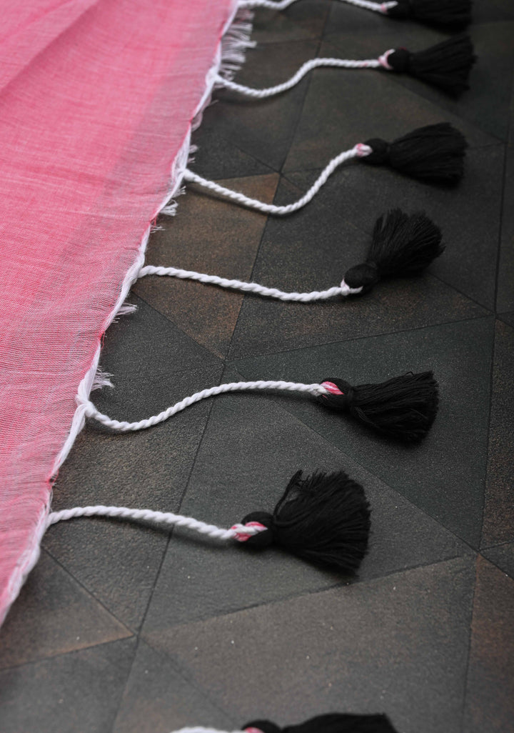 Pink Mulmul Cotton Saree with Long tassels, No Blouse Piece