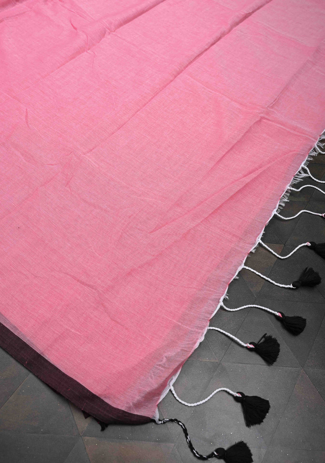 Pink Mulmul Cotton Saree with Long tassels, No Blouse Piece