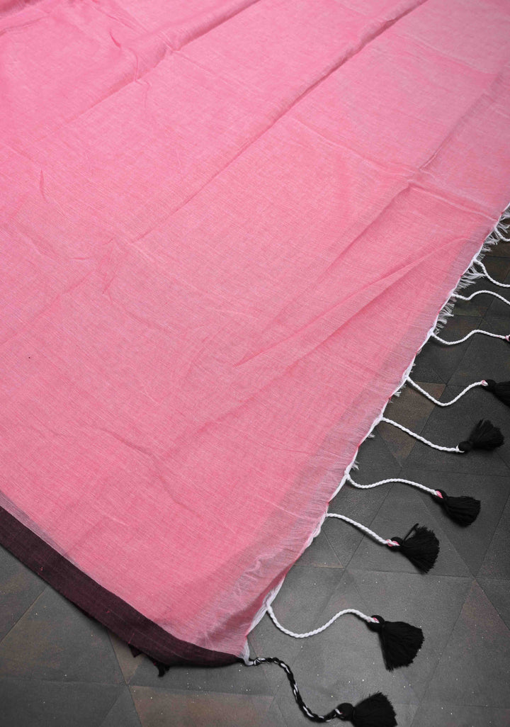 Pink Mulmul Cotton Saree with Long tassels, No Blouse Piece