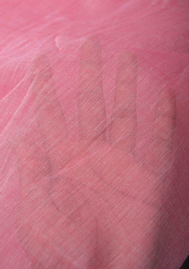 Pink Mulmul Cotton Saree with Long tassels, No Blouse Piece
