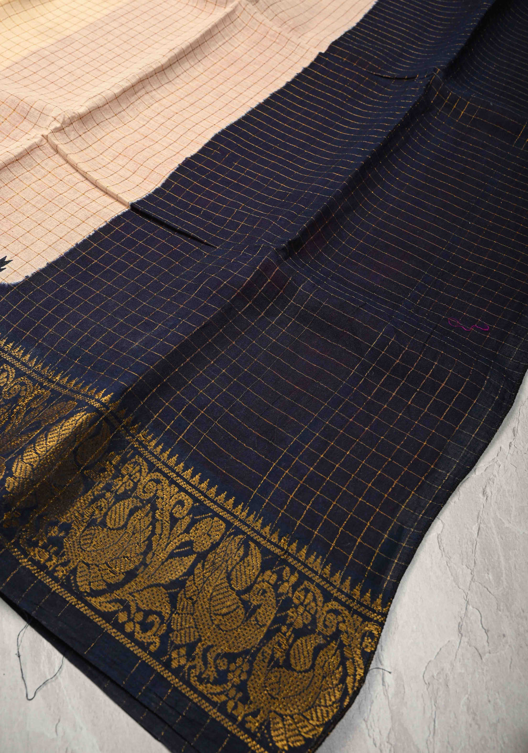 Madurai Cotton Saree in Beige with Zari Checks and Ganga Jamuna borders, No Blouse Piece