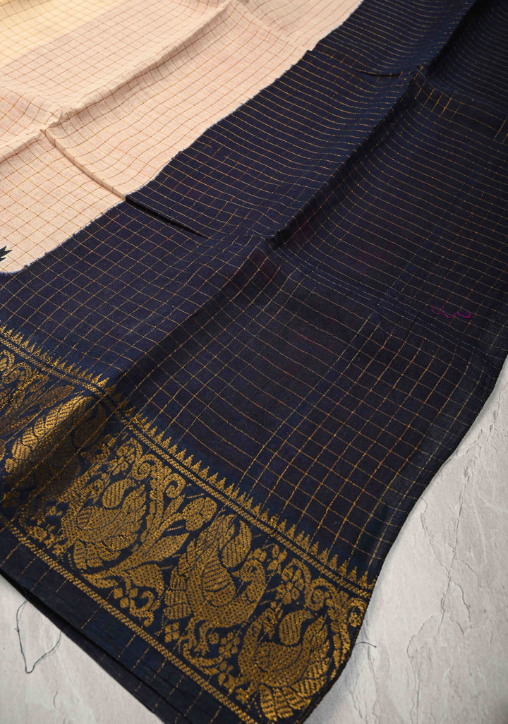 Madurai Cotton Saree in Beige with Zari Checks and Ganga Jamuna borders, No Blouse Piece