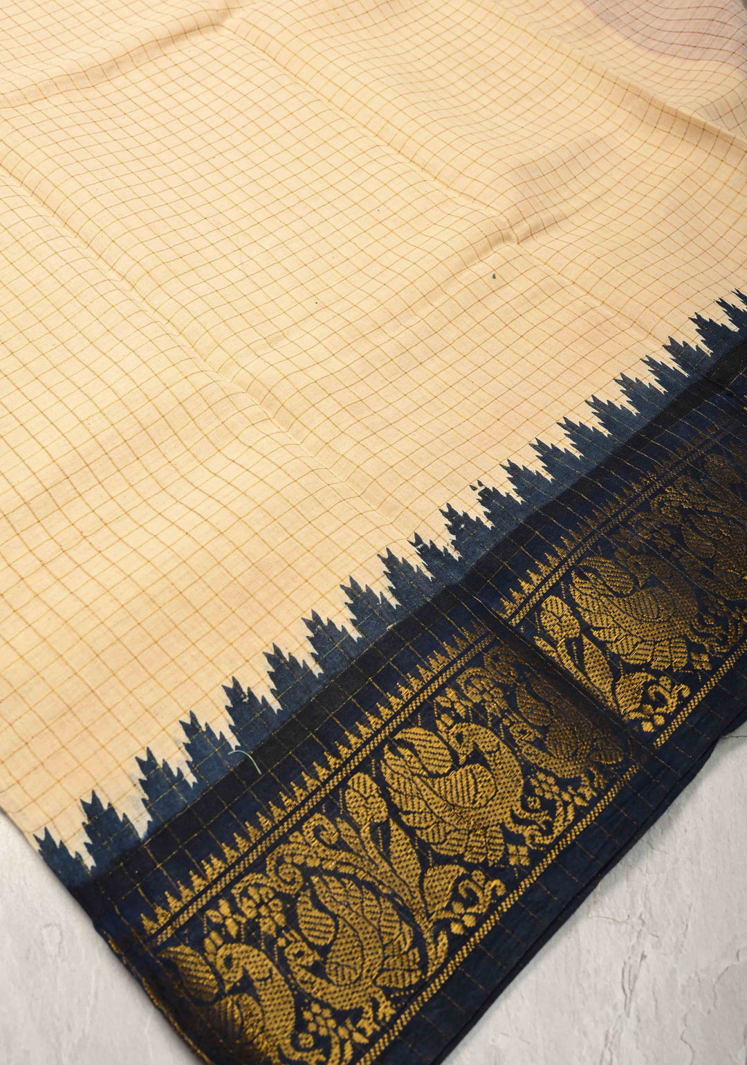 Madurai Cotton Saree in Beige with Zari Checks and Ganga Jamuna borders, No Blouse Piece