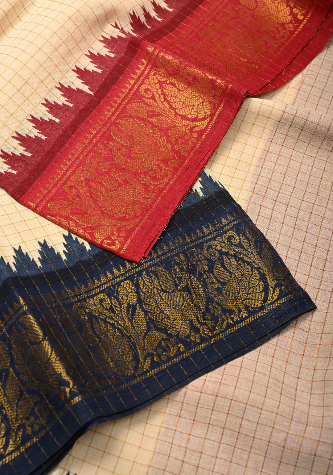 Madurai Cotton Saree in Beige with Zari Checks and Ganga Jamuna borders, No Blouse Piece