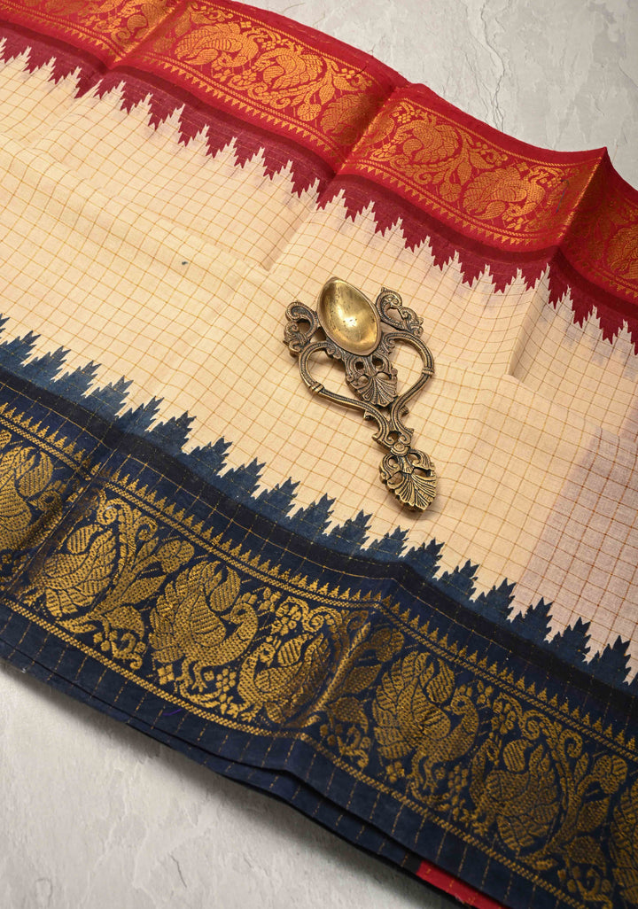 Madurai Cotton Saree in Beige with Zari Checks and Ganga Jamuna borders, No Blouse Piece