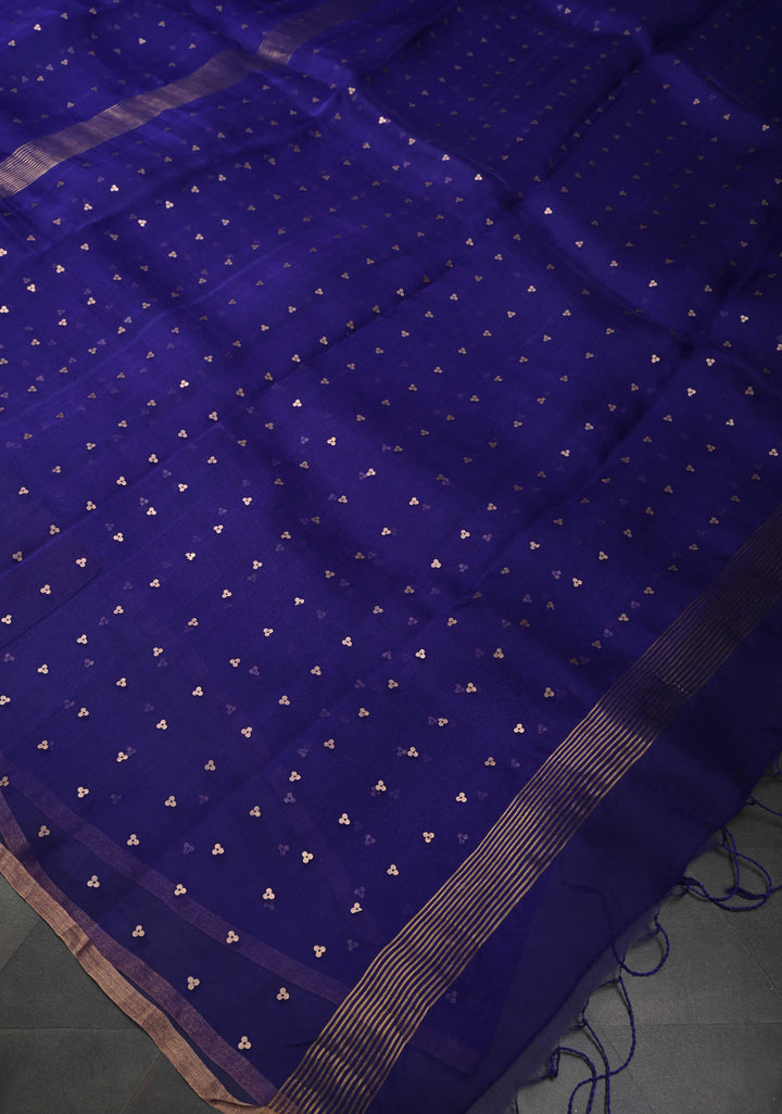 Dark Indigo Pocket Sequins Woven on Pure Muslin Saree