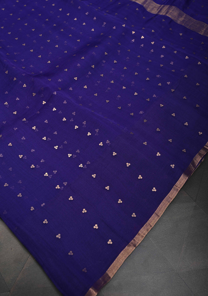 Dark Indigo Pocket Sequins Woven on Pure Muslin Saree