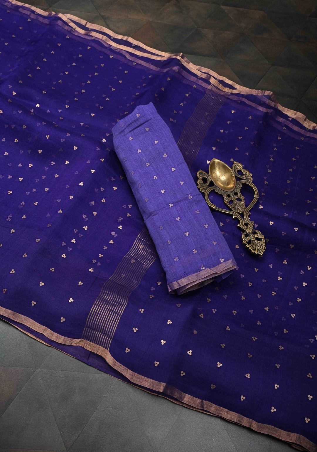 Dark Indigo Pocket Sequins Woven on Pure Muslin Saree