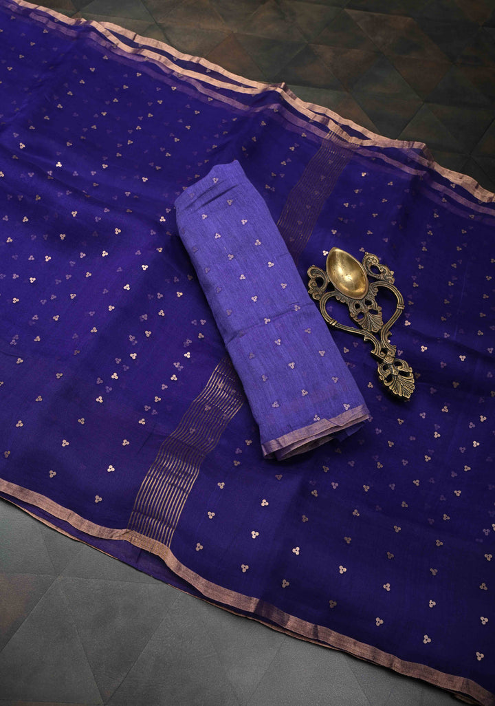 Dark Indigo Pocket Sequins Woven on Pure Muslin Saree