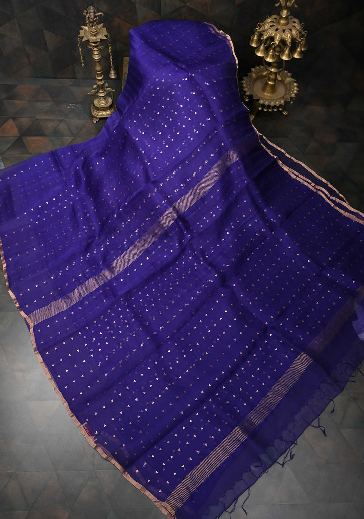 Dark Indigo Pocket Sequins Woven on Pure Muslin Saree