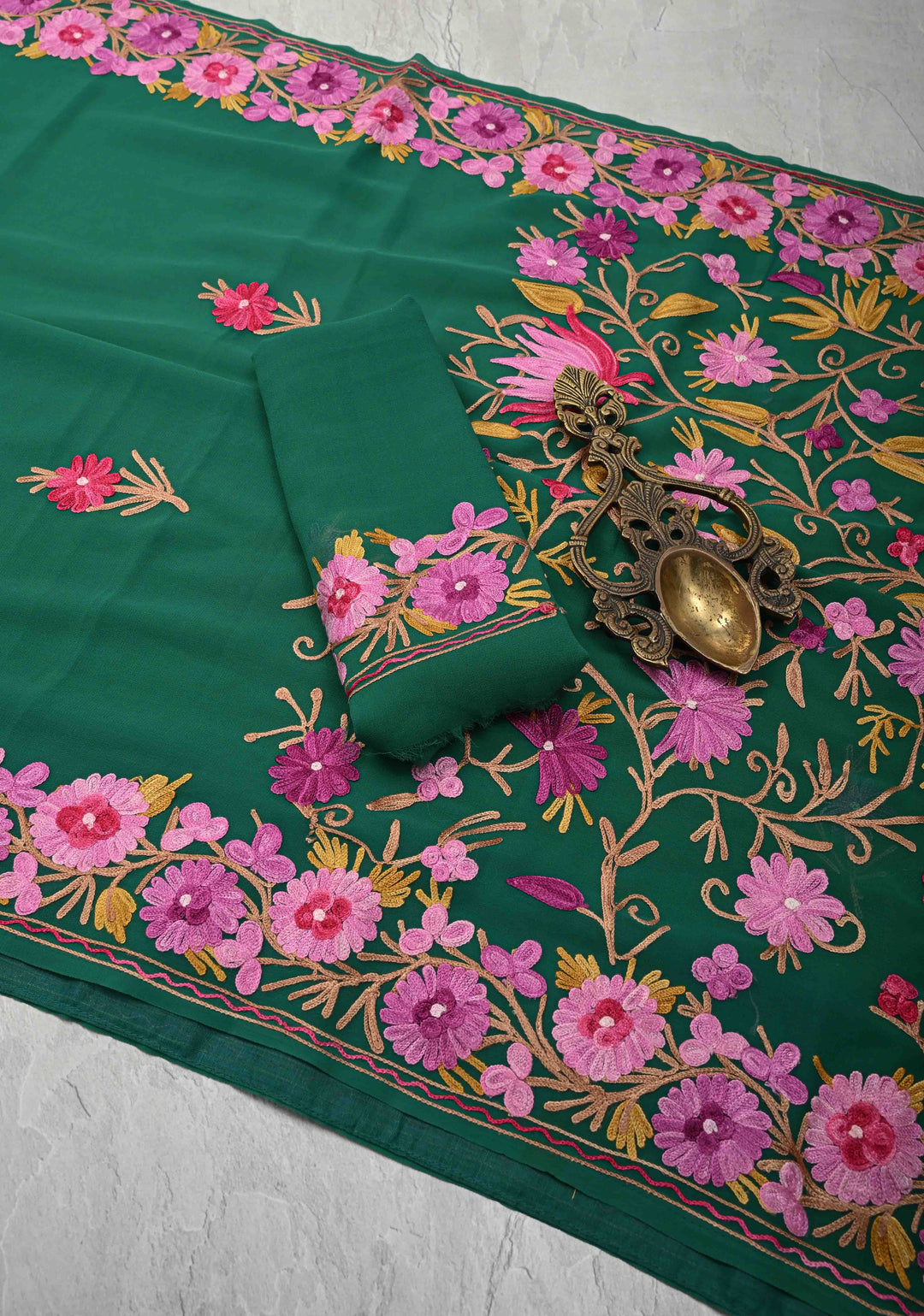 Green Kashmiri Aari Georgette Saree with Floral Embroidery