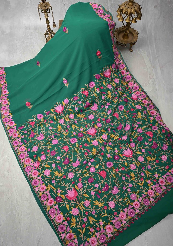Green Kashmiri Aari Georgette Saree with Floral Embroidery