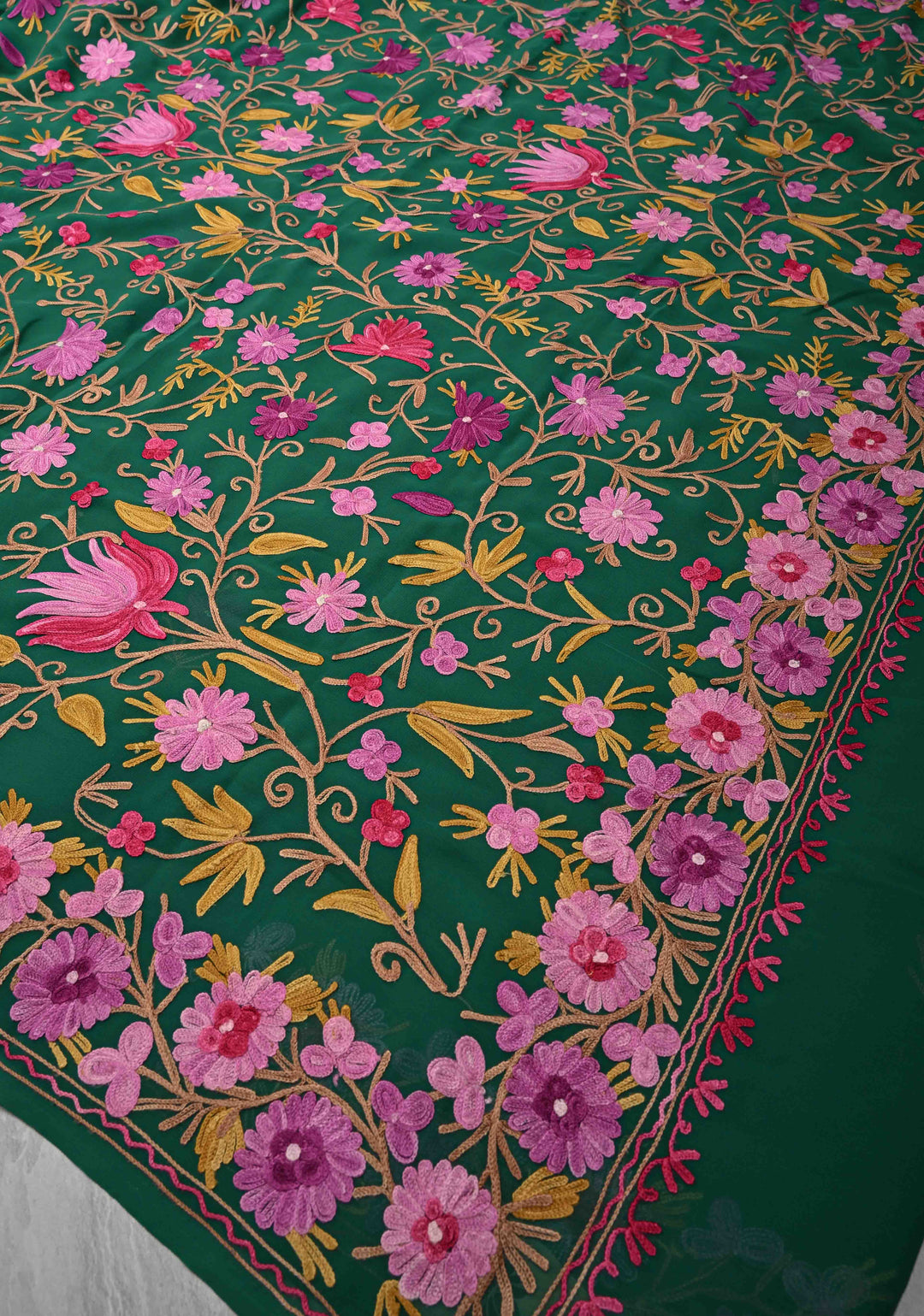 Green Kashmiri Aari Georgette Saree with Floral Embroidery
