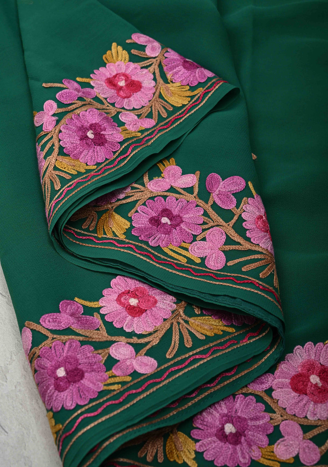 Green Kashmiri Aari Georgette Saree with Floral Embroidery