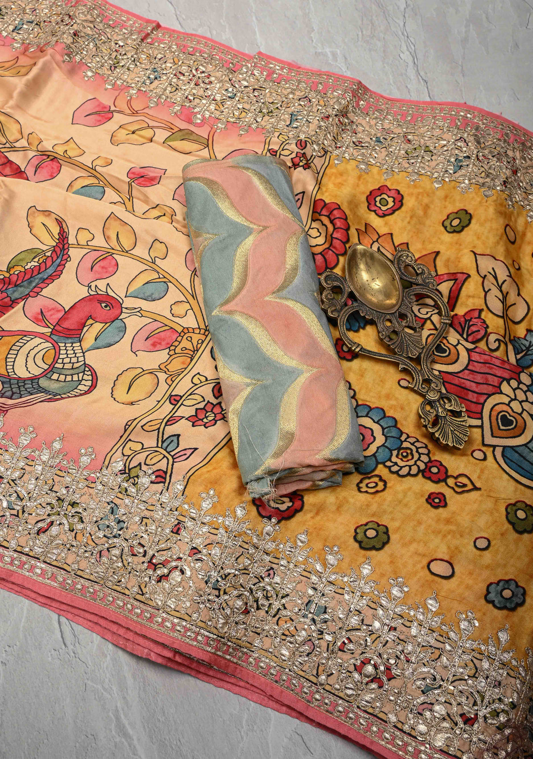 Peacock and Fish Theme: Peach Gajji Silk Saree with Kalamkari Digital Print and Gotta Patti Border