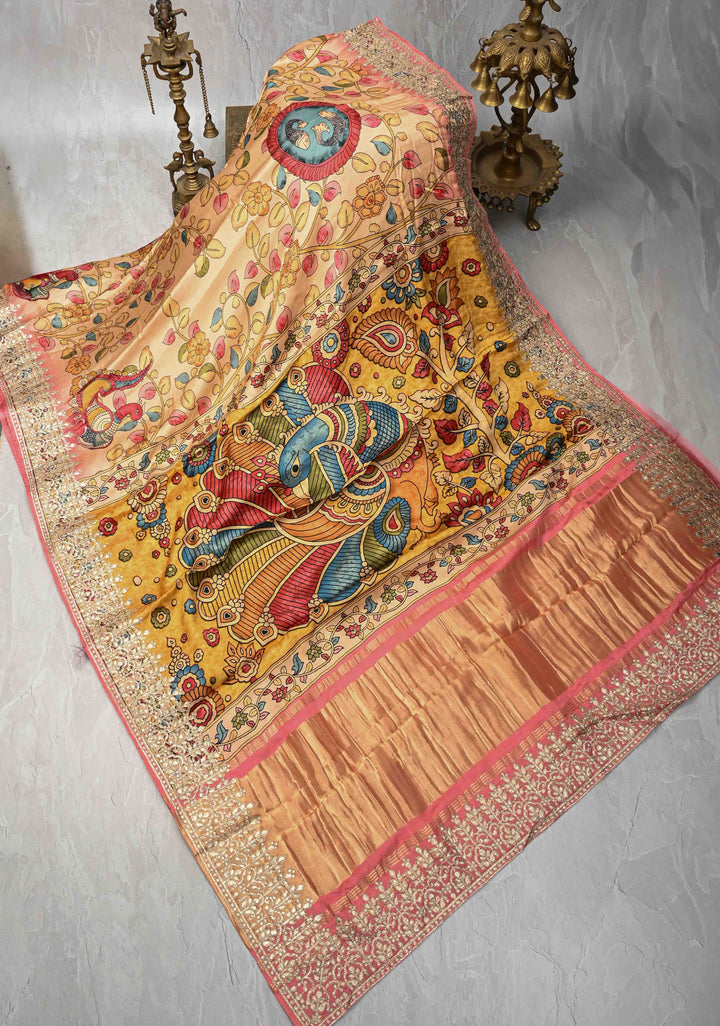 Peacock and Fish Theme: Peach Gajji Silk Saree with Kalamkari Digital Print and Gotta Patti Border