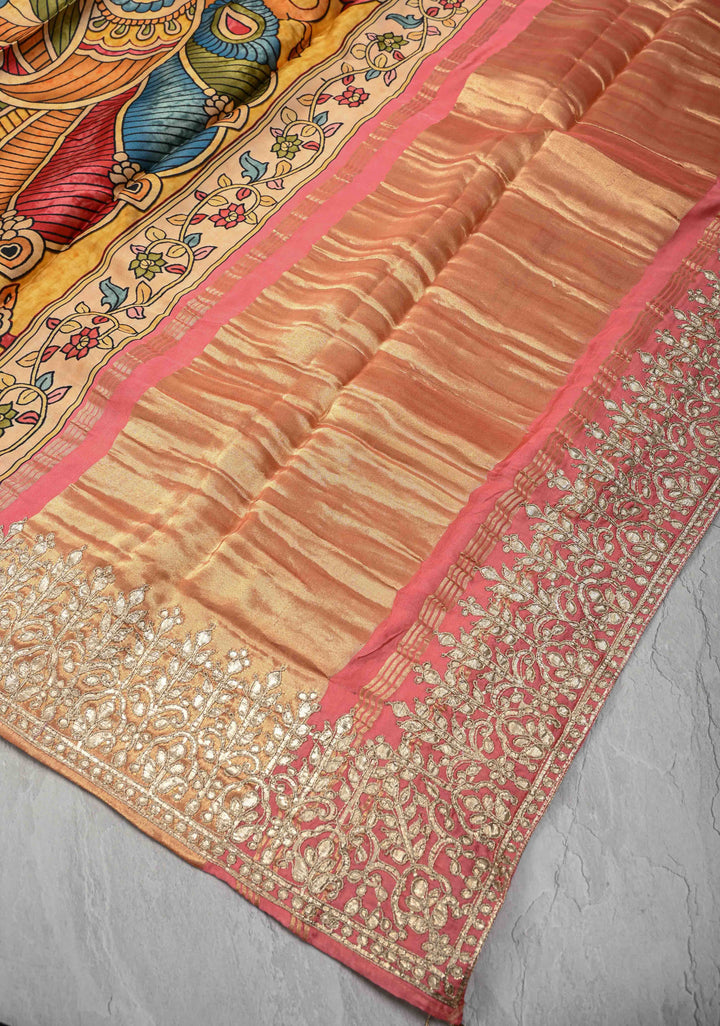 Peacock and Fish Theme: Peach Gajji Silk Saree with Kalamkari Digital Print and Gotta Patti Border