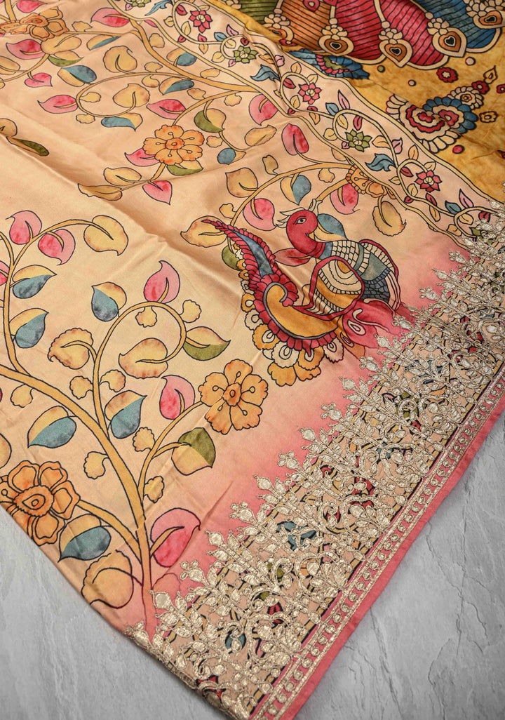 Peacock and Fish Theme: Peach Gajji Silk Saree with Kalamkari Digital Print and Gotta Patti Border
