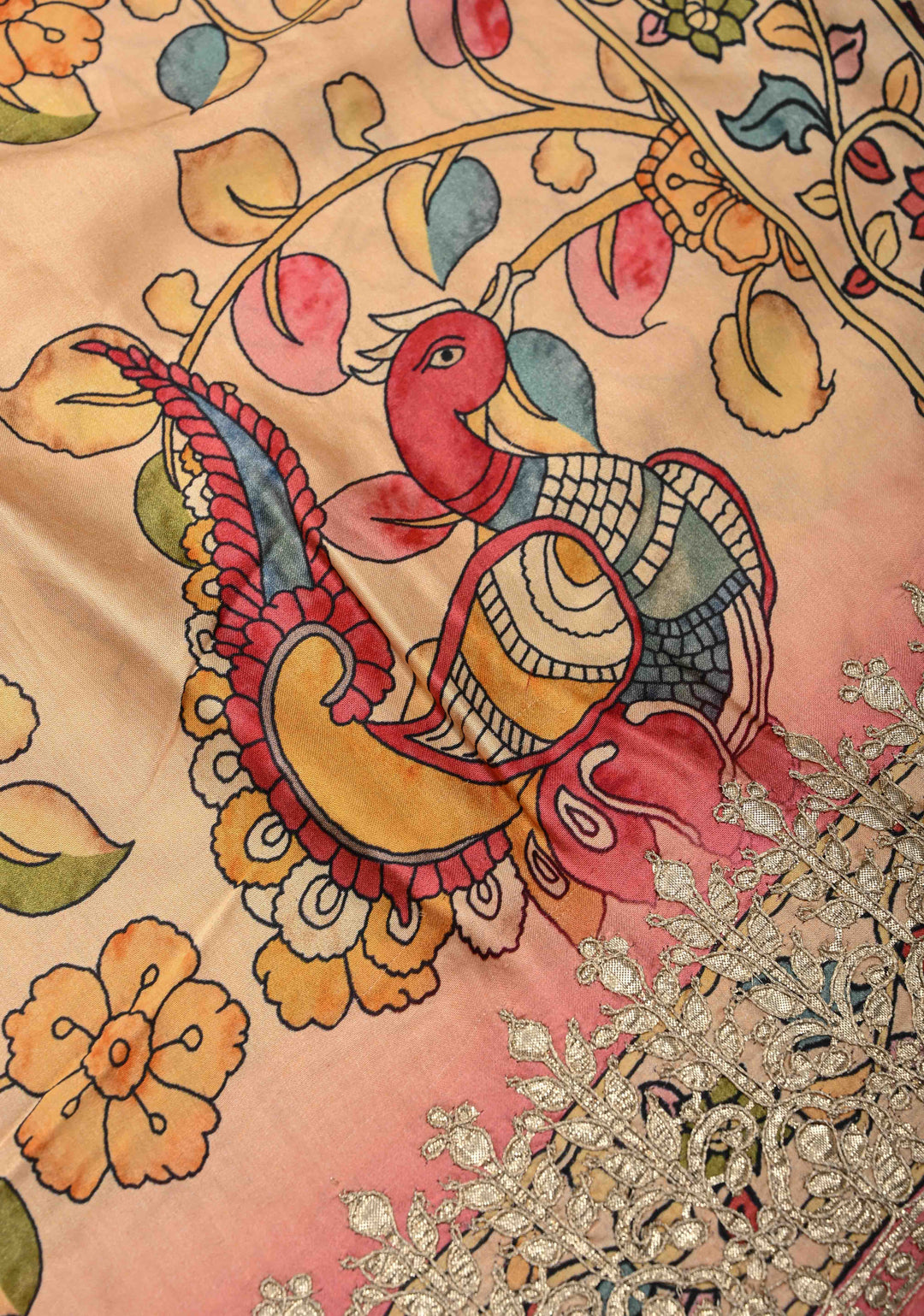 Peacock and Fish Theme: Peach Gajji Silk Saree with Kalamkari Digital Print and Gotta Patti Border