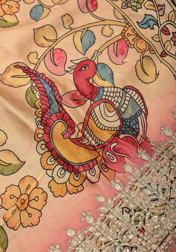 Peacock and Fish Theme: Peach Gajji Silk Saree with Kalamkari Digital Print and Gotta Patti Border