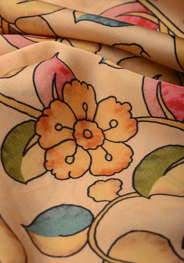 Peacock and Fish Theme: Peach Gajji Silk Saree with Kalamkari Digital Print and Gotta Patti Border