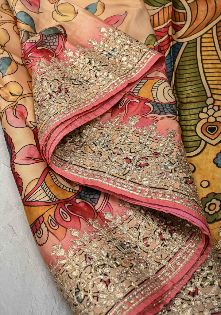 Peacock and Fish Theme: Peach Gajji Silk Saree with Kalamkari Digital Print and Gotta Patti Border