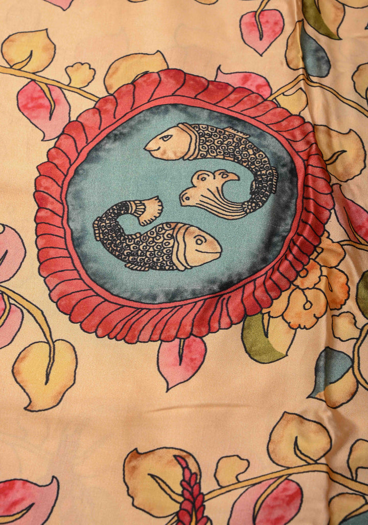 Peacock and Fish Theme: Peach Gajji Silk Saree with Kalamkari Digital Print and Gotta Patti Border