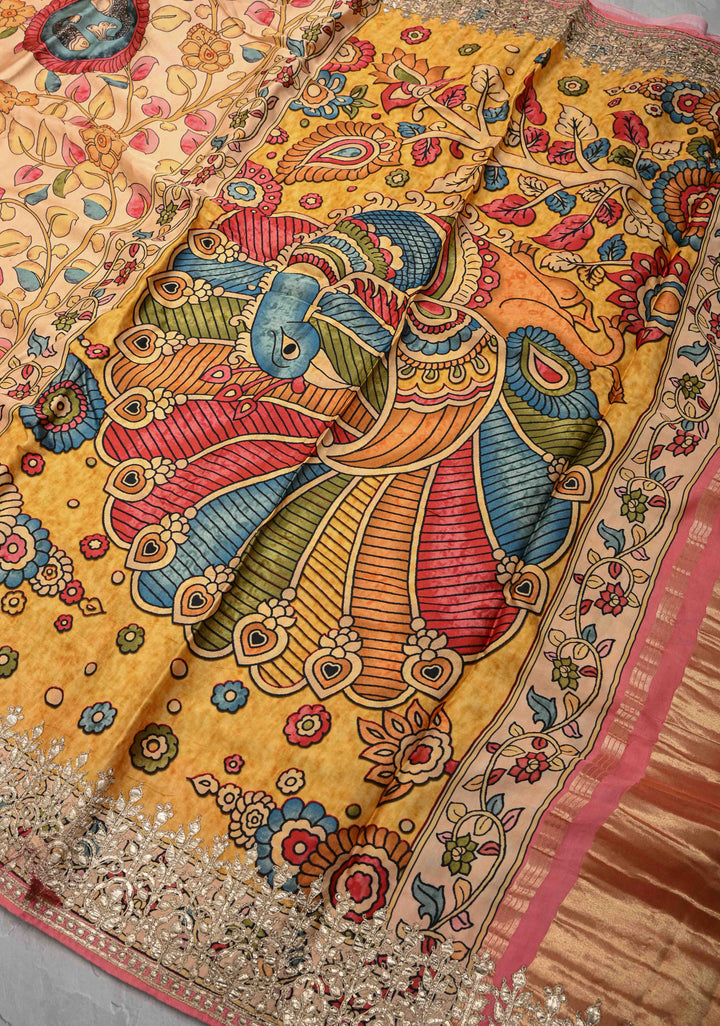 Peacock and Fish Theme: Peach Gajji Silk Saree with Kalamkari Digital Print and Gotta Patti Border